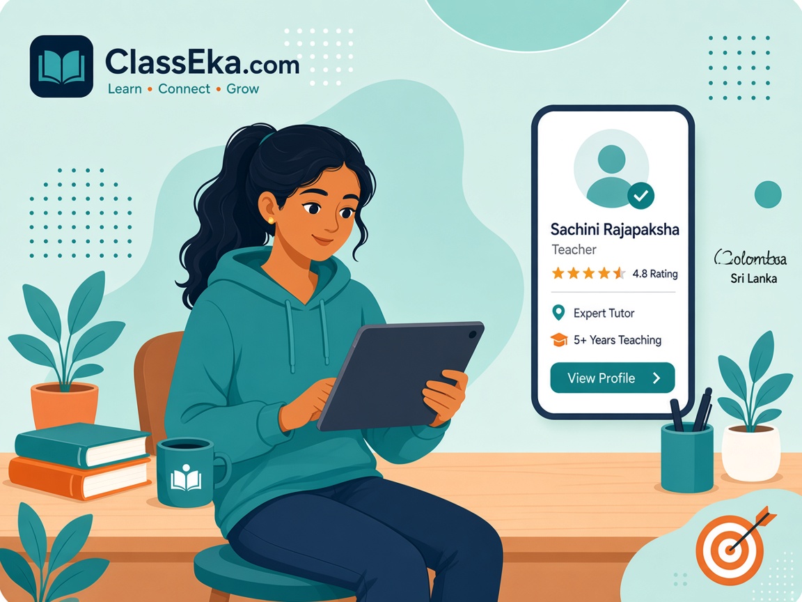 Illustration of a student viewing a teacher profile on ClassEka.com